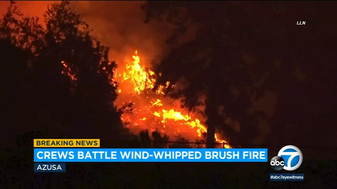 Brush fire erupts near homes in Azusa as firefighters battle blaze in dry, windy weather conditions