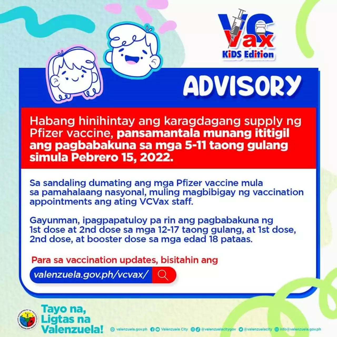 Valenzuela LGU temporarily halts COVID-19 vax for minors aged 5-11 on Feb. 15.