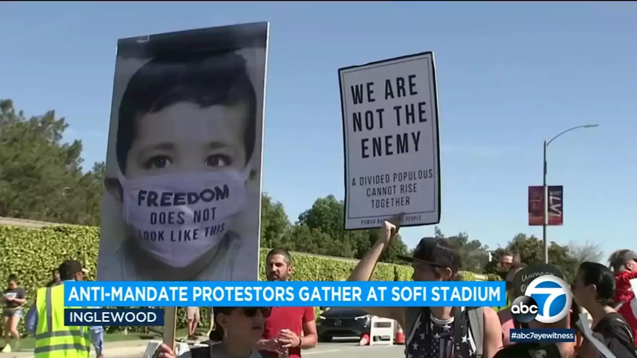 Group of protestors call for end to vaccine, mask mandates outside SoFi Stadium during Super Bowl