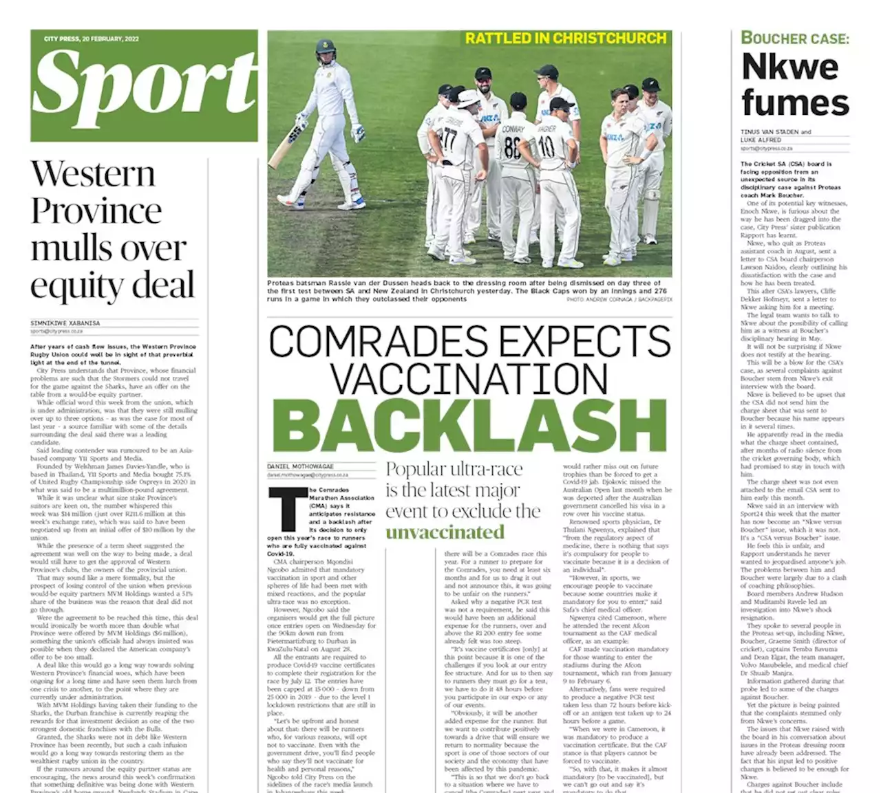 What’s in City Press Sport | Downs bench’s behaviour taints good work on pitch | Proteas must guard against unravelling | Citypress