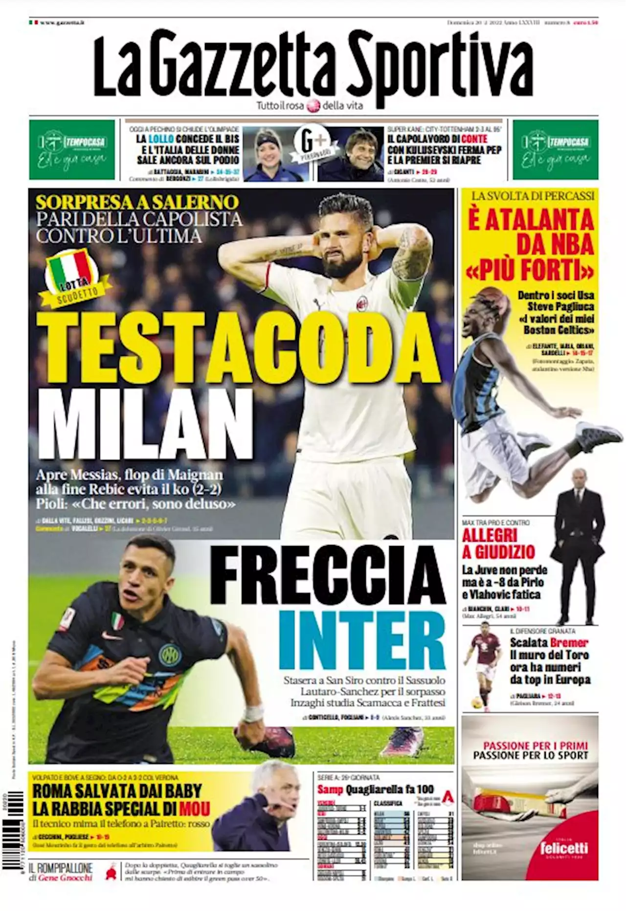 La prima pagina de La Gazzetta dello Sport di oggi