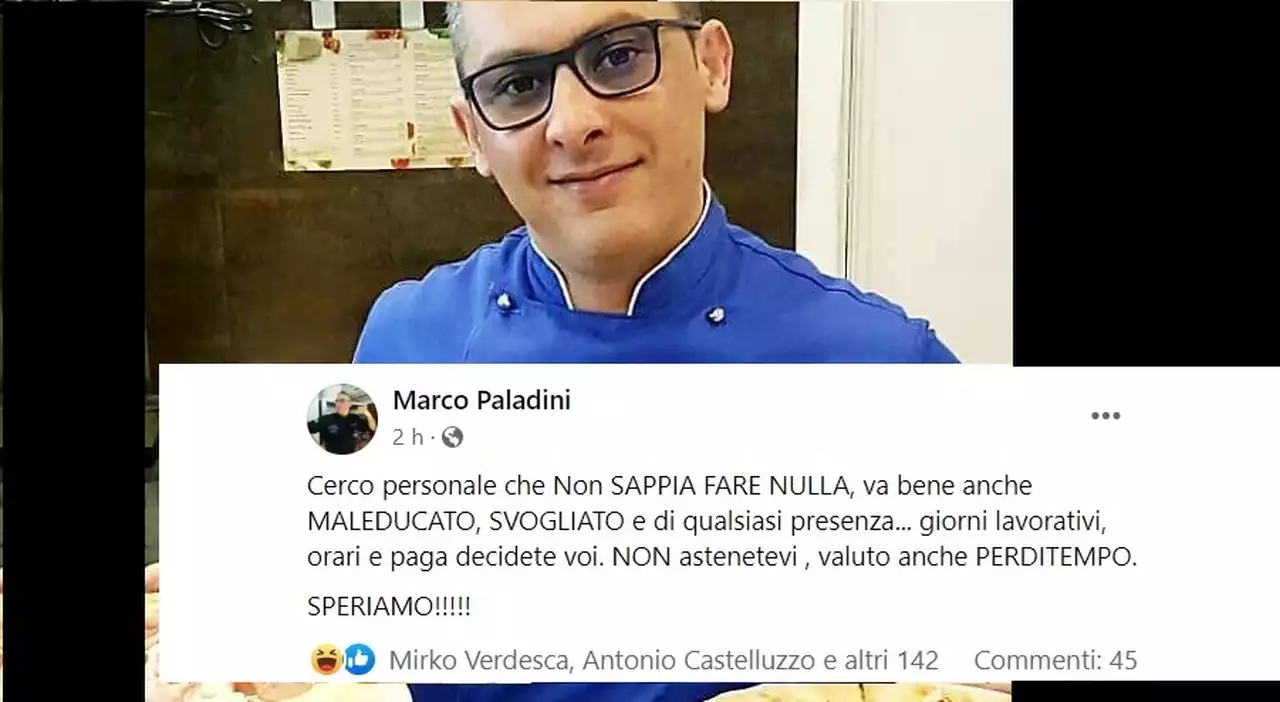 Lecce, provocazione del titolare della pizzeria: «Cerco personale, vanno bene anche maleducati e senza esperienza»