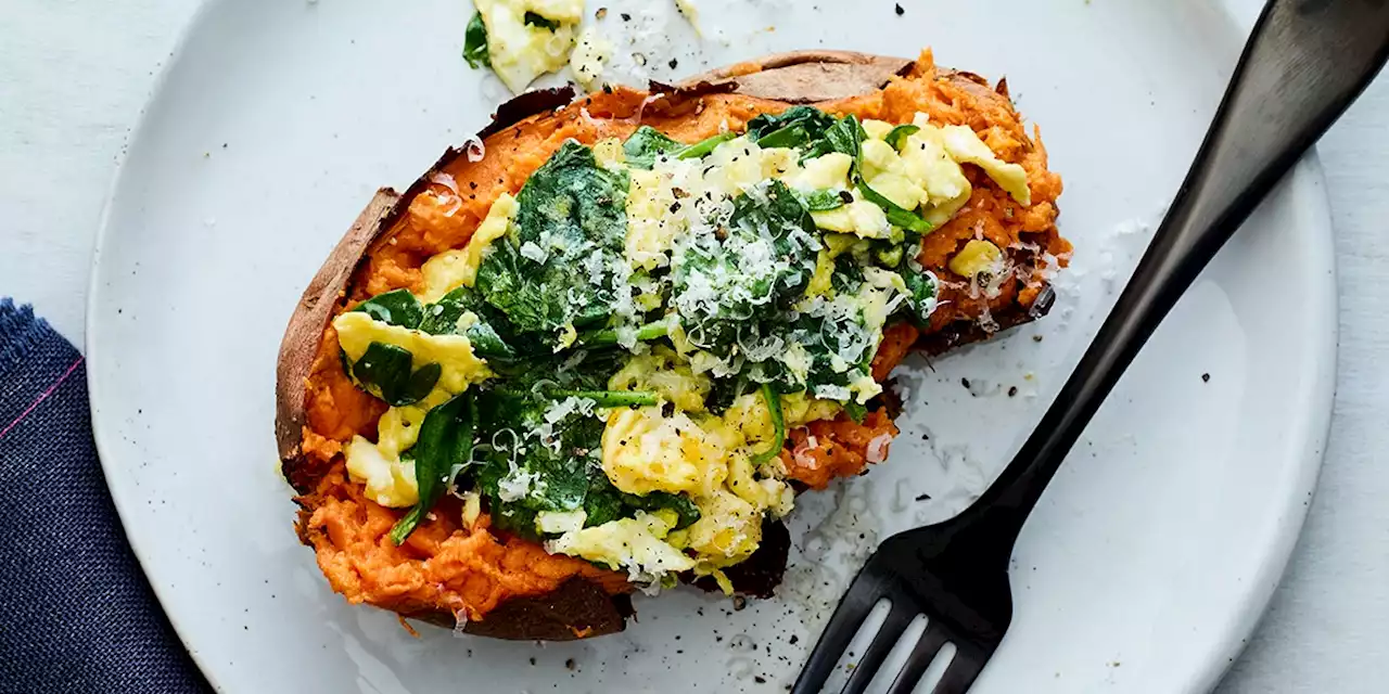 Scrambled Egg-Stuffed Sweet Potato With Parmesan