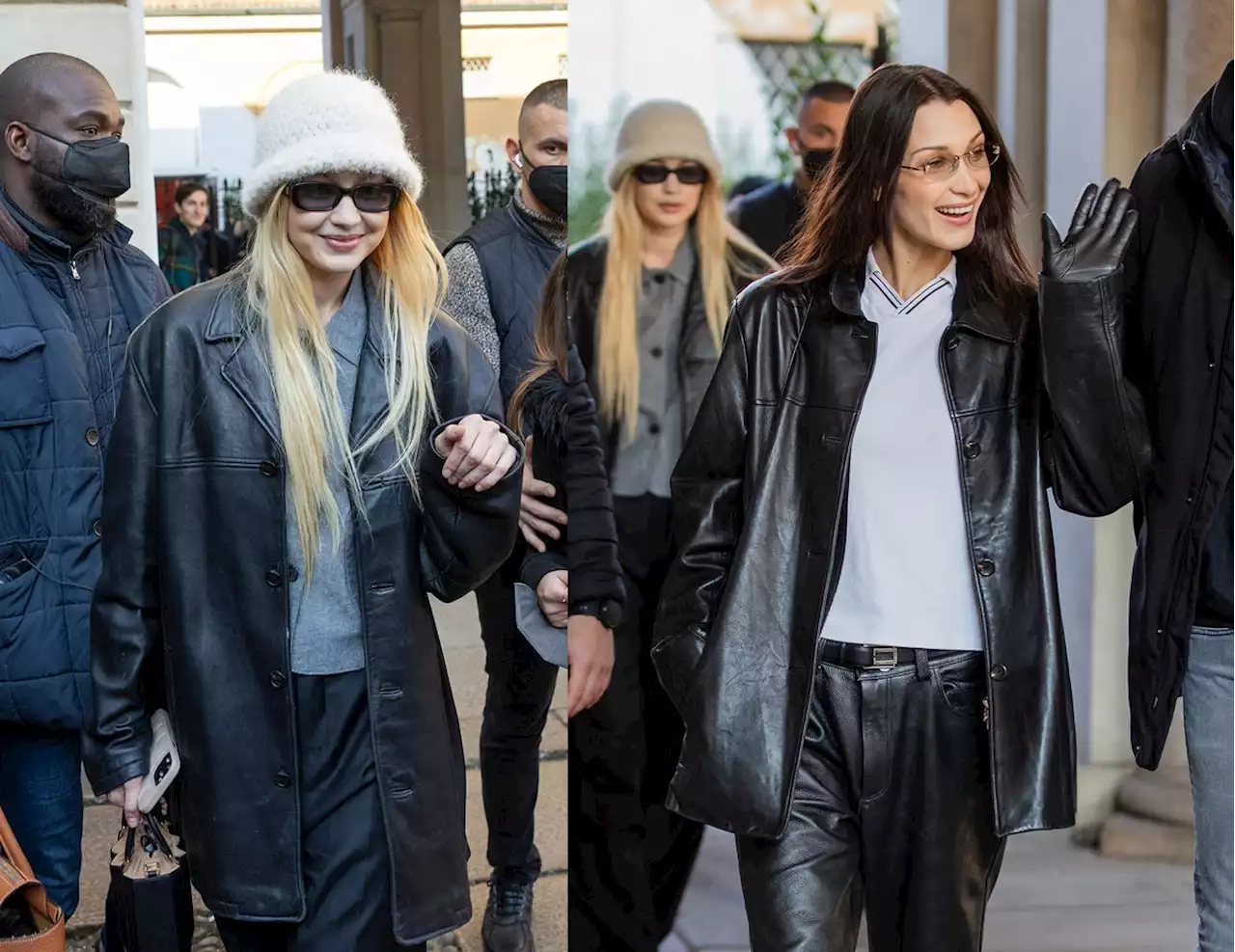 Gigi and Bella Hadid Coordinate in Black Leather in Milan