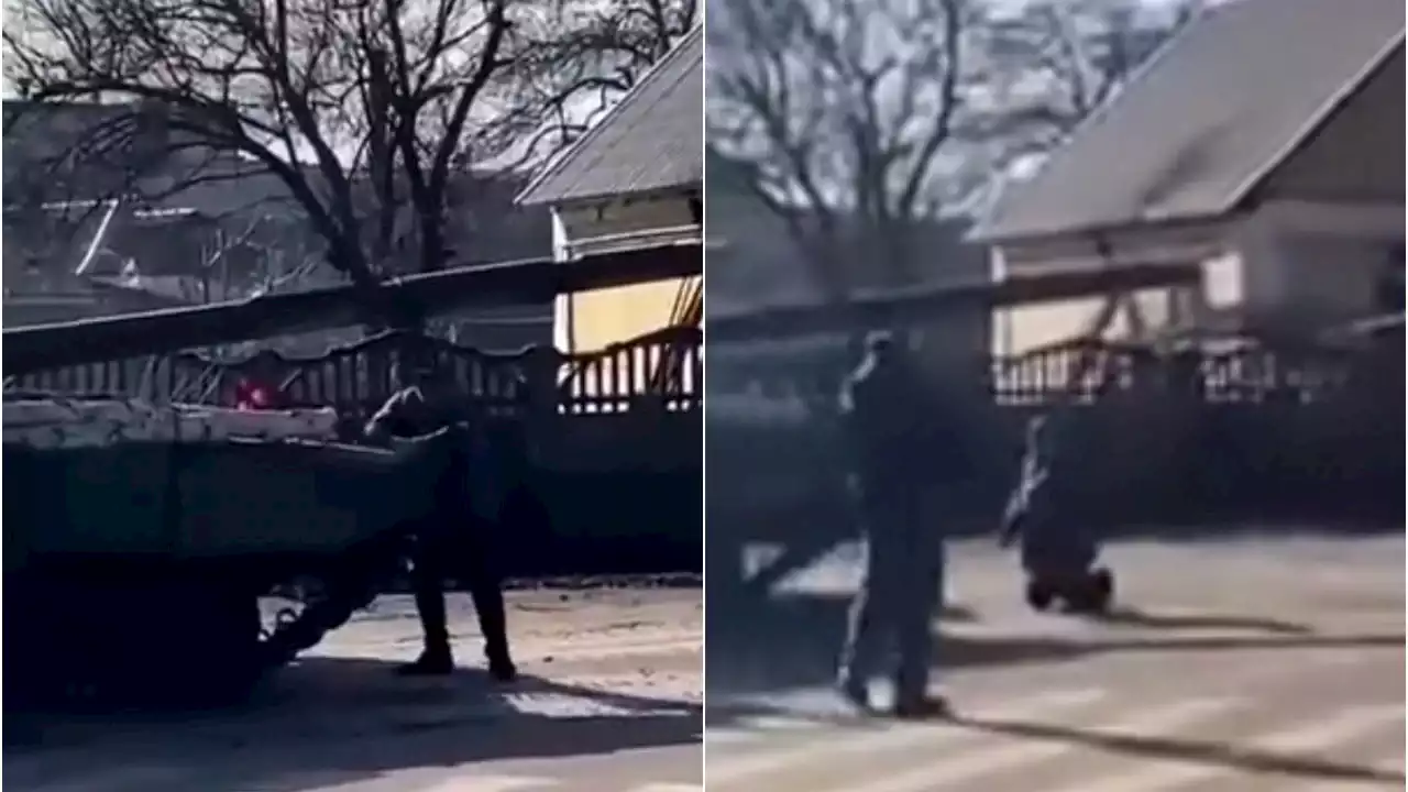 WATCH: Ukraine 'tank man' attempts to block Russian military