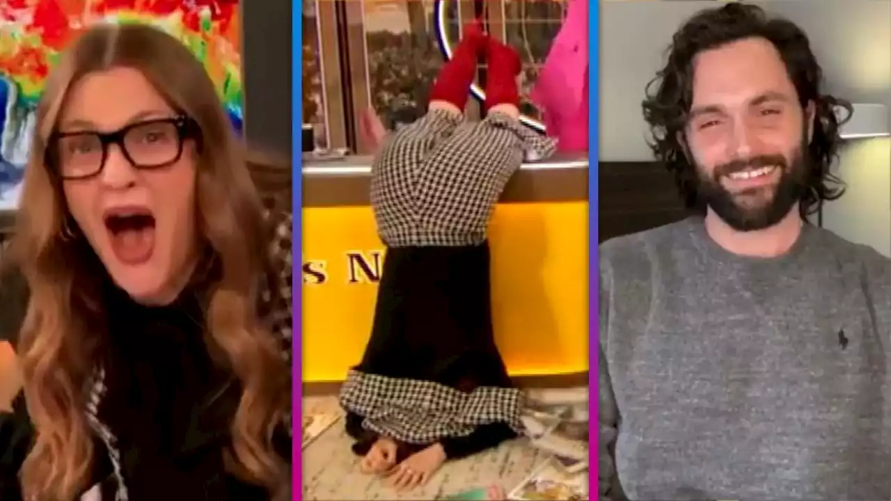 Drew Barrymore Freaks Out and Falls After Penn Badgley Surprises Her