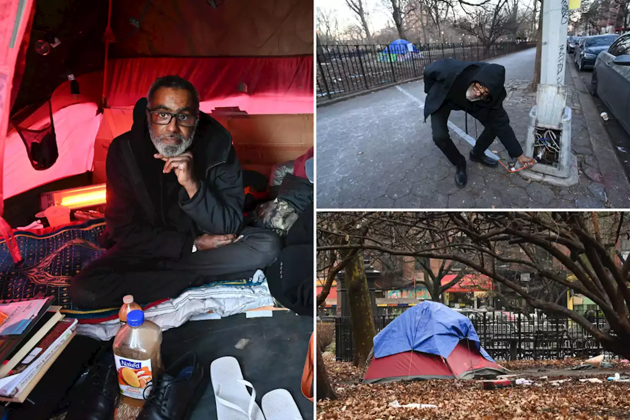 Shocking! East Village tent man taps utility pole for heat as homelessness surges