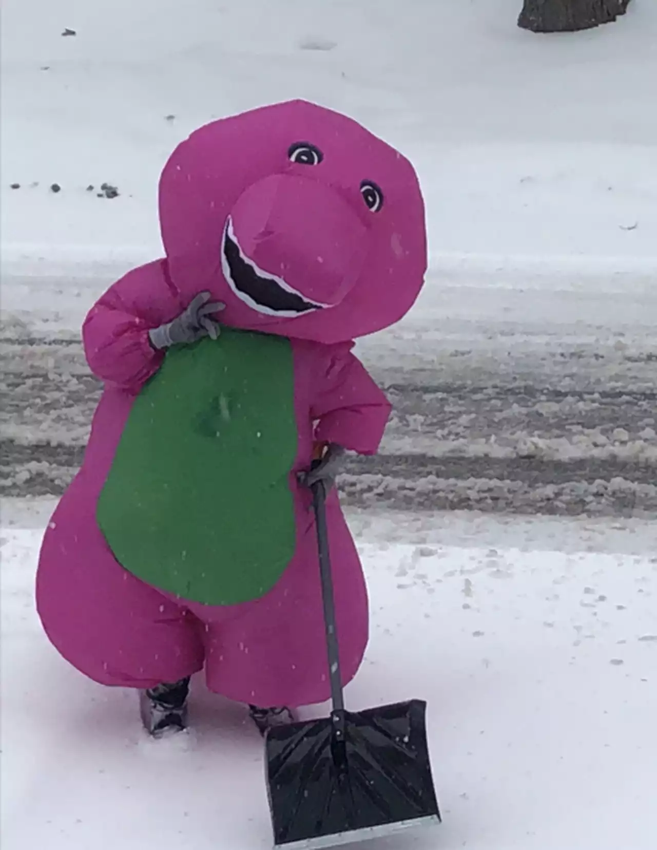 Barney, Stay Puft Marshmallow Man, dinosaurs and more spotted shoveling snow in fun trend across Northeast Ohio (photos, videos)