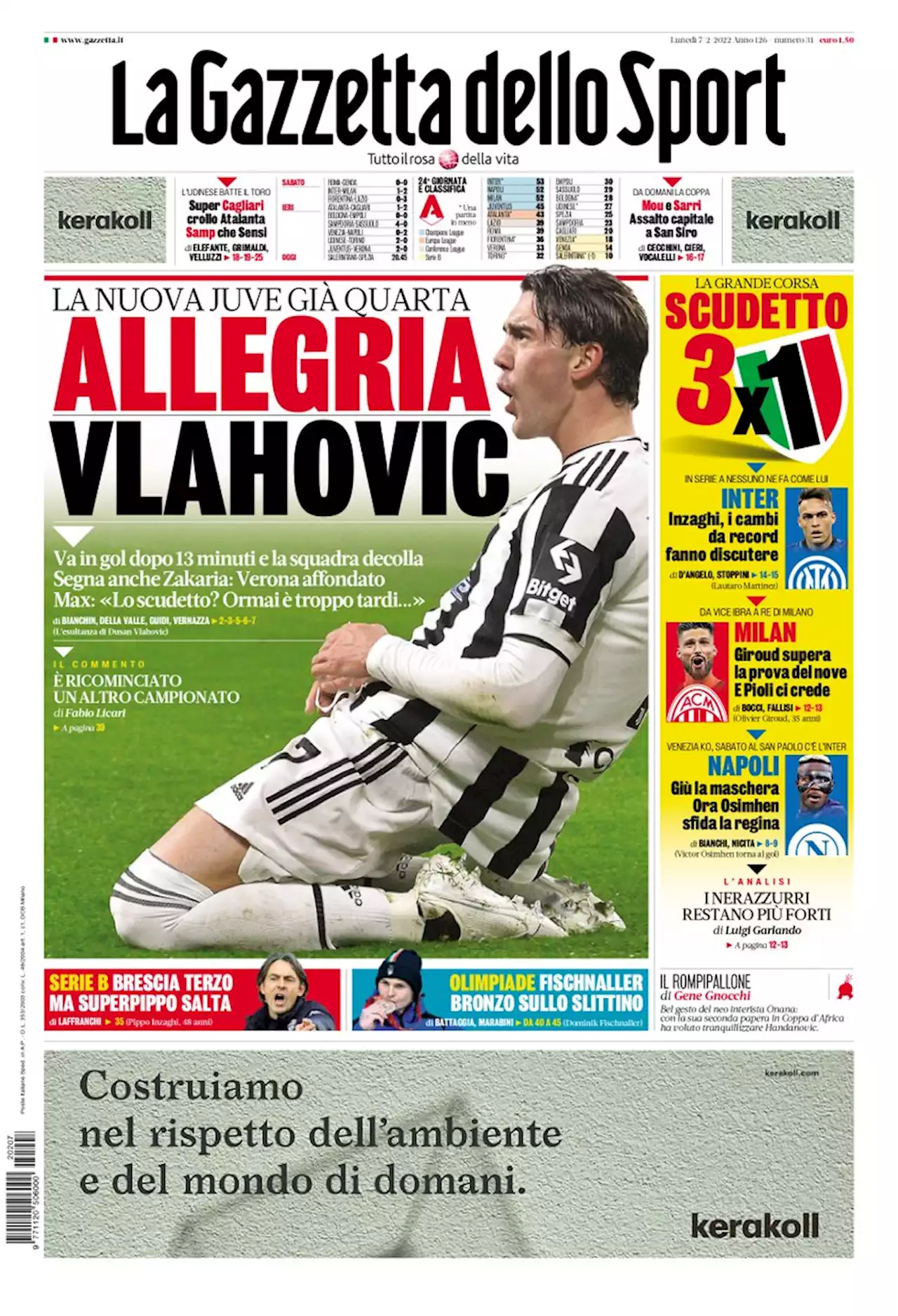 La prima pagina de La Gazzetta dello Sport di oggi