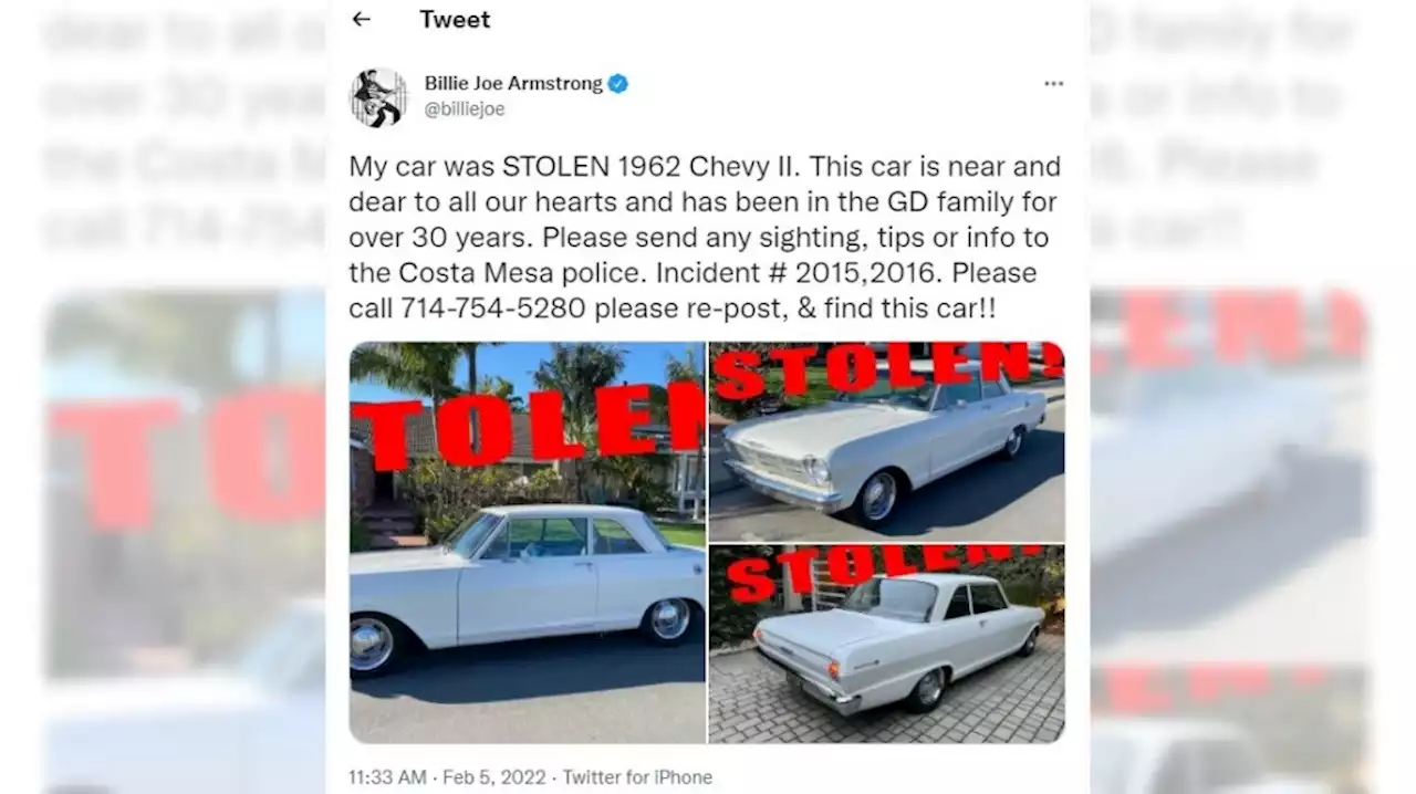 Green Day’s Billie Joe Armstrong says classic Chevy stolen in Southern California