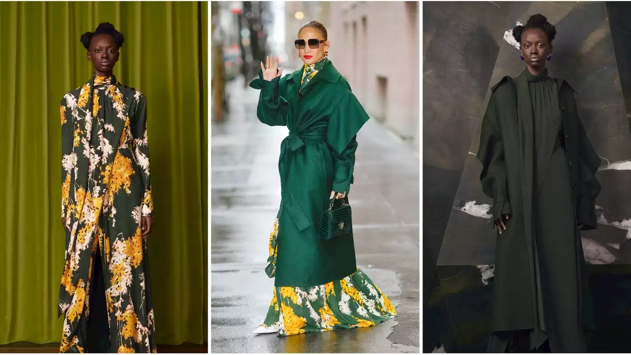 Jennifer Lopez in total look verde scuro con cappotto e abito Del Core