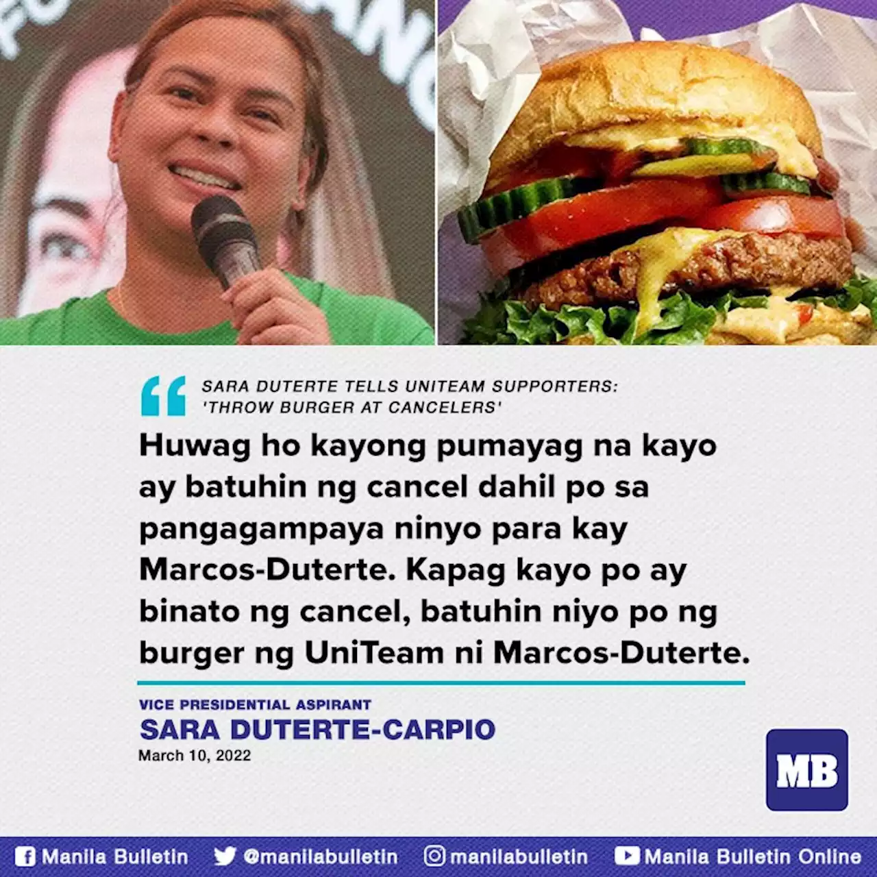 Sara tells UniTeam supporters: 'Throw burger at cancelers'