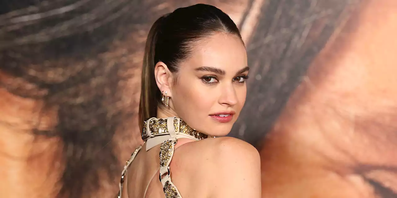 Lily James just wore a gold sequin naked dress with a jewel-encrusted collar