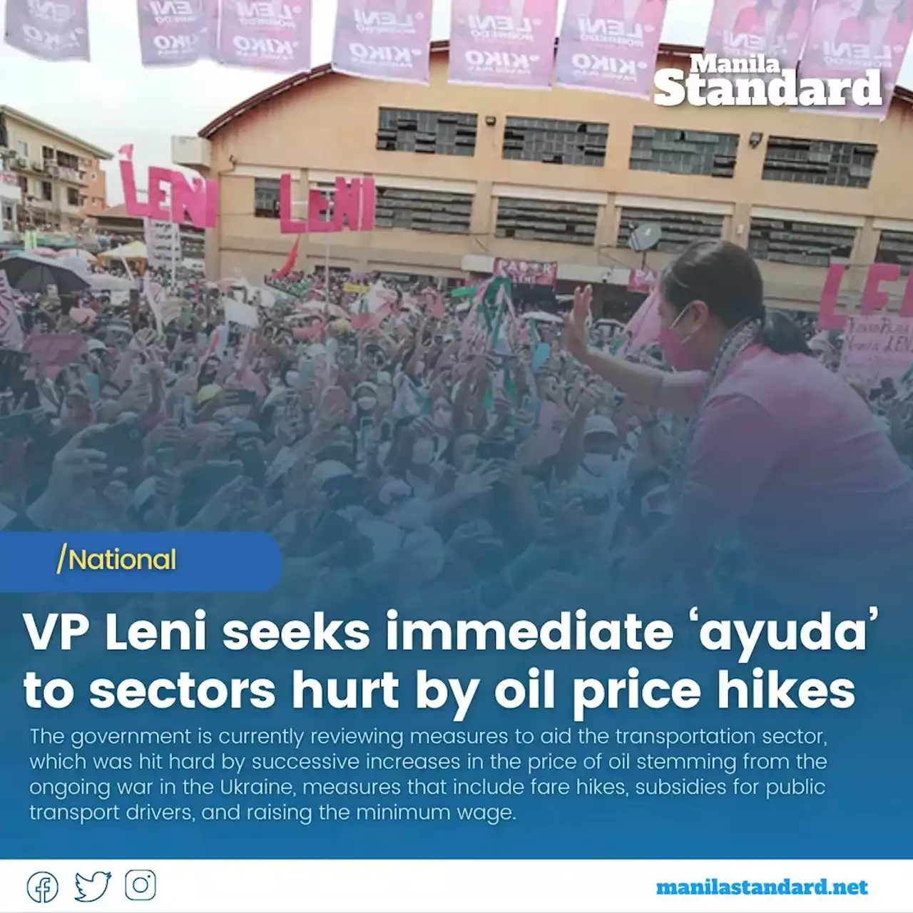 VP Leni seeks immediate ‘ayuda’ to sectors hurt by oil price hikes