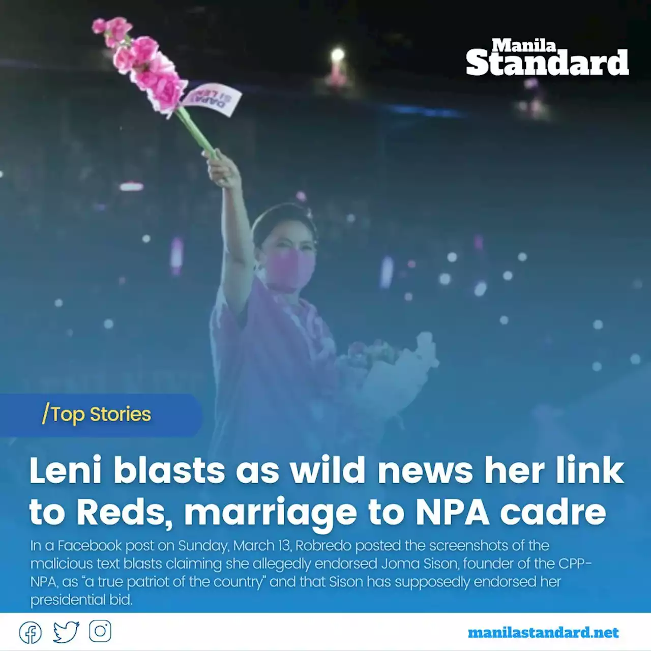 Leni blasts as wild news her link to Reds, marriage to NPA cadre