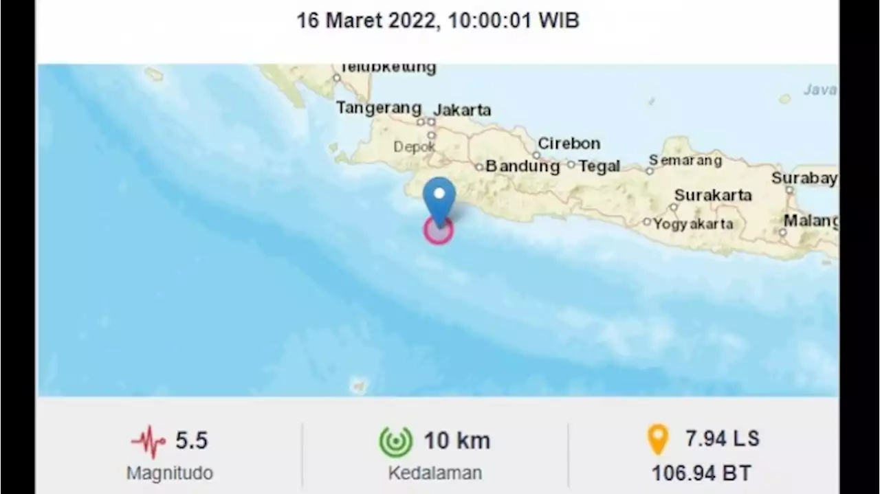 Gempa Bumi M 5.5 Guncang Sukabumi, Kedalaman 10 Kilometer