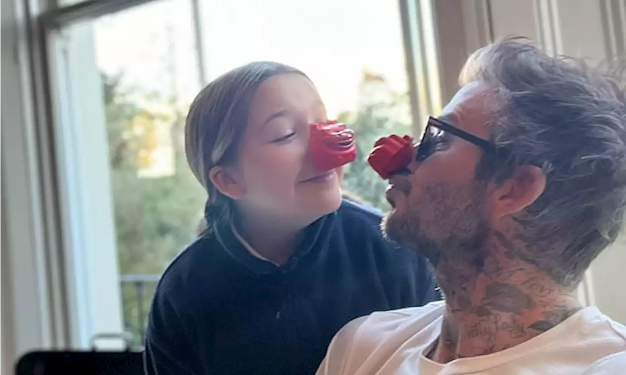 David and Harper Beckham lead the stars in red noses for Comic Relief