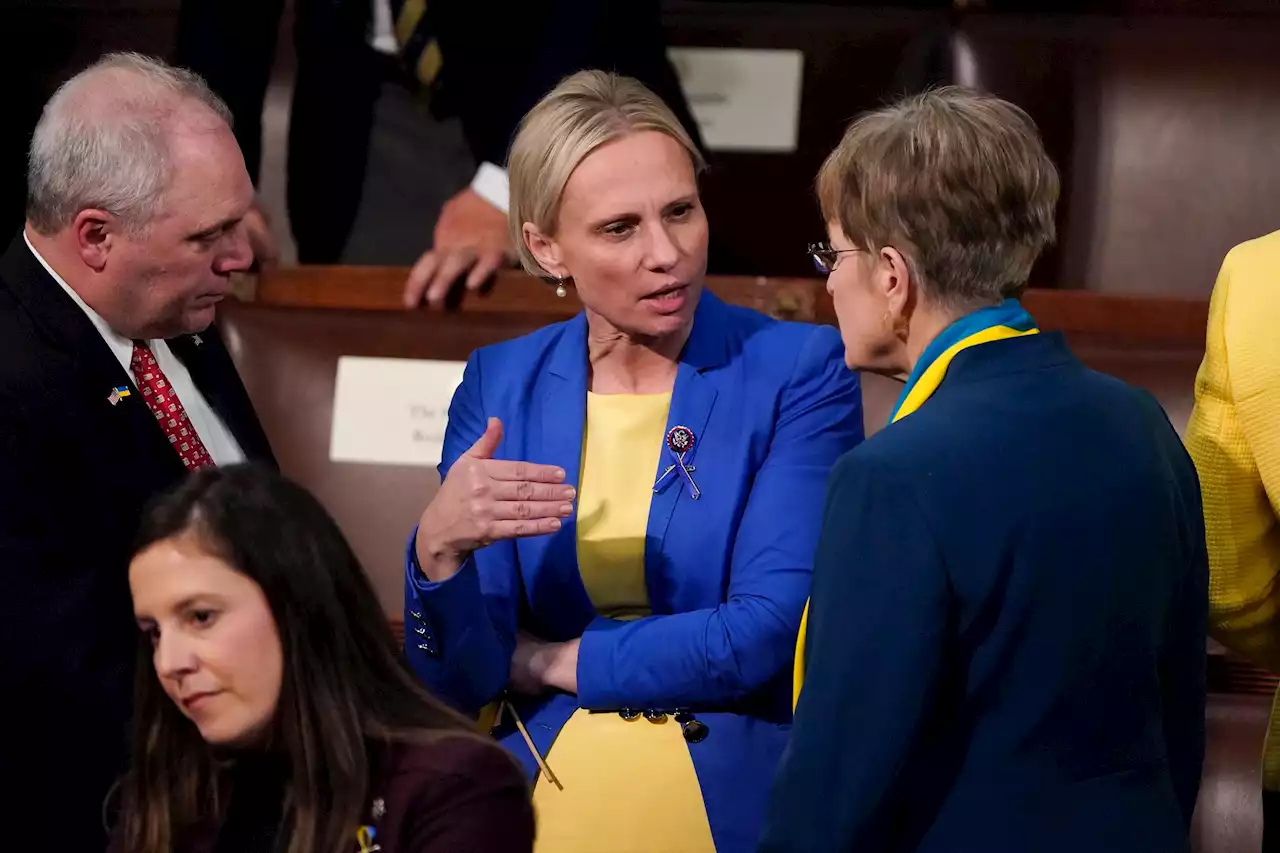 Members of Congress show support for Ukraine with blue and yellow ribbons