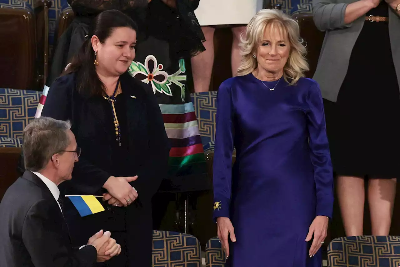 Jill Biden wears blue dress emblazoned with sunflower in support of Ukraine at SOTU