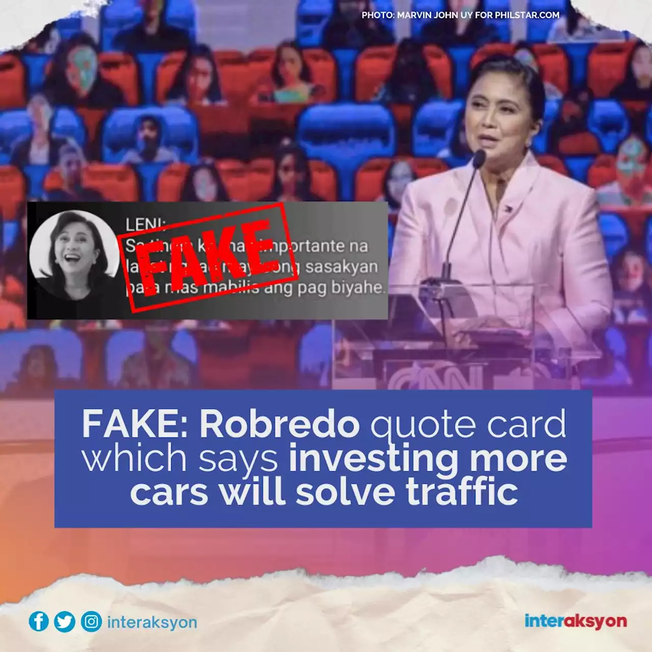 Fake: Robredo quote card which says investing more cars will solve traffic