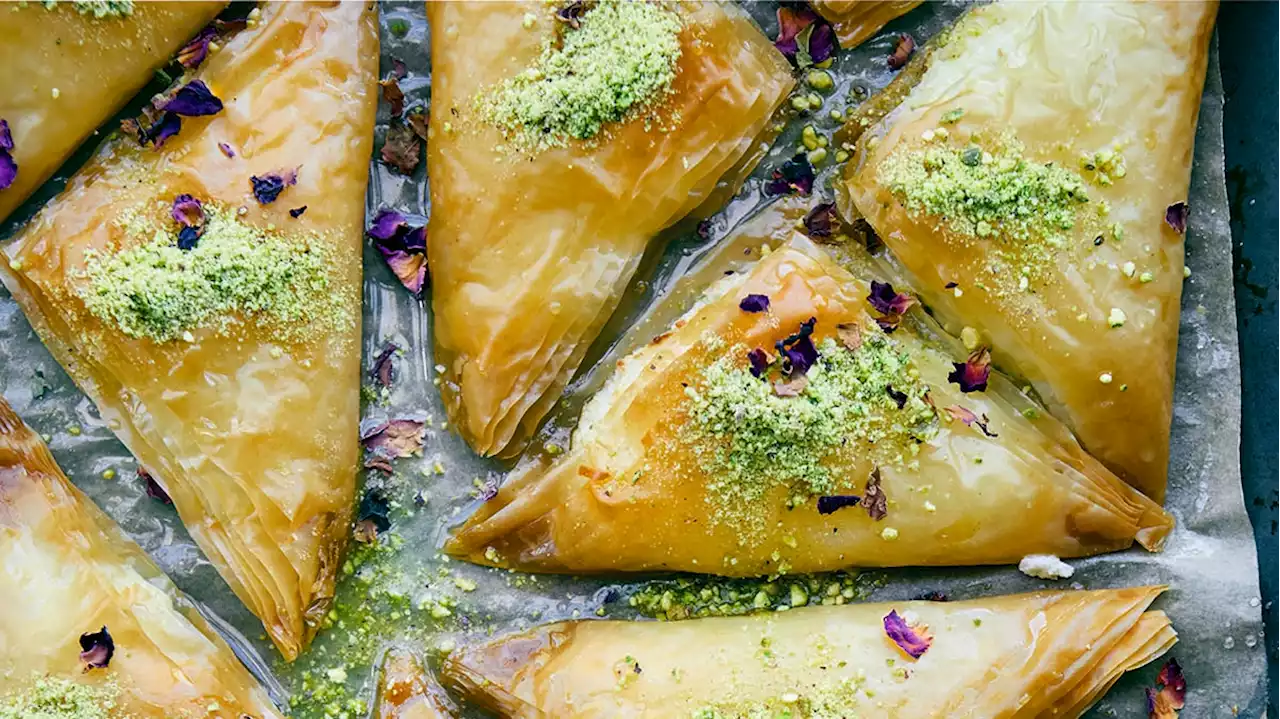 Filo Triangles With Cream Cheese, Pistachio, and Rose (Warbat)