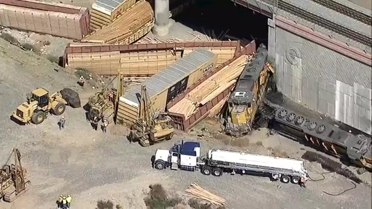 Union Pacific freight train hauling lumber derails in Colton, sending 13 cars off tracks