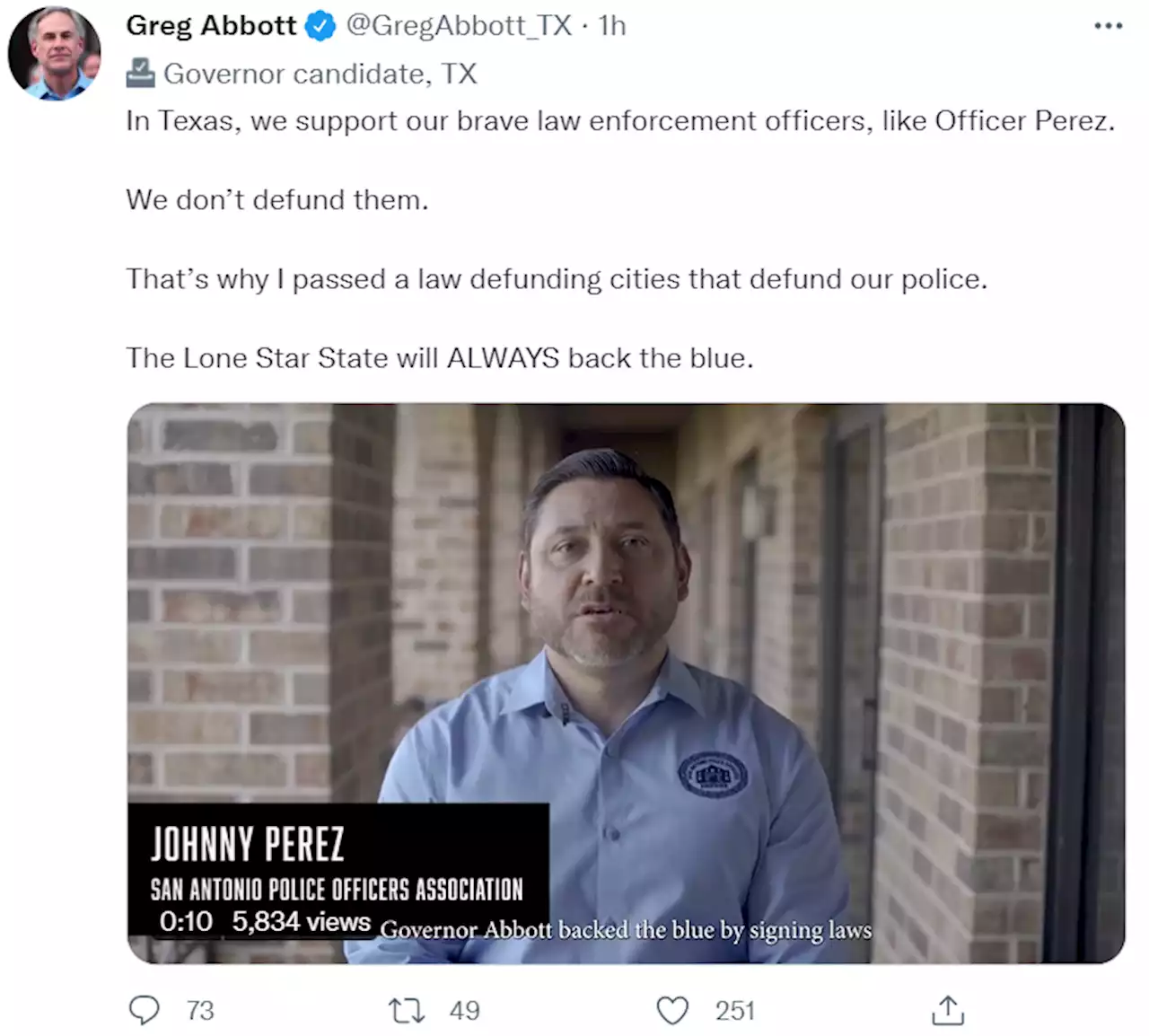 San Antonio Police Officers Association praises Gov. Abbott in political ad on Twitter