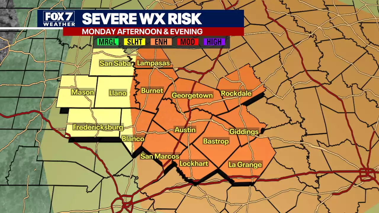 Enhanced Risk for severe weather issued for Central Texas area for Monday, March 20