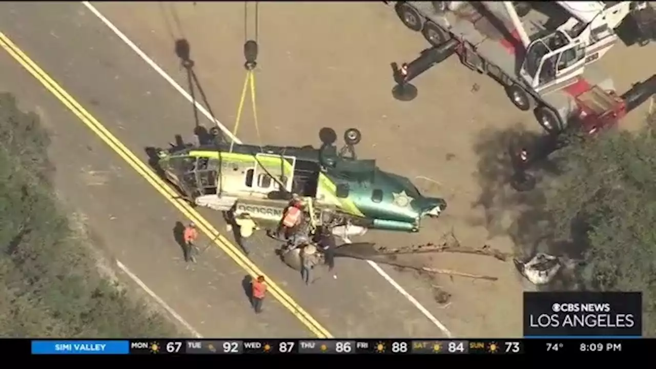 Crane Hoists Wreckage From LASD Helicopter Crash In Angeles National Forest