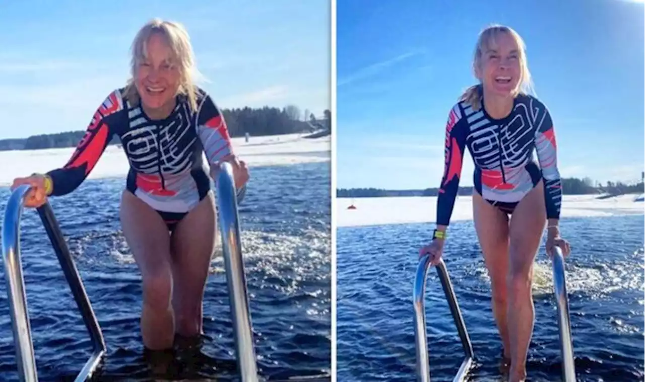 Louise Minchin, 53, strips off as she braves freezing cold temperatures in swimwear