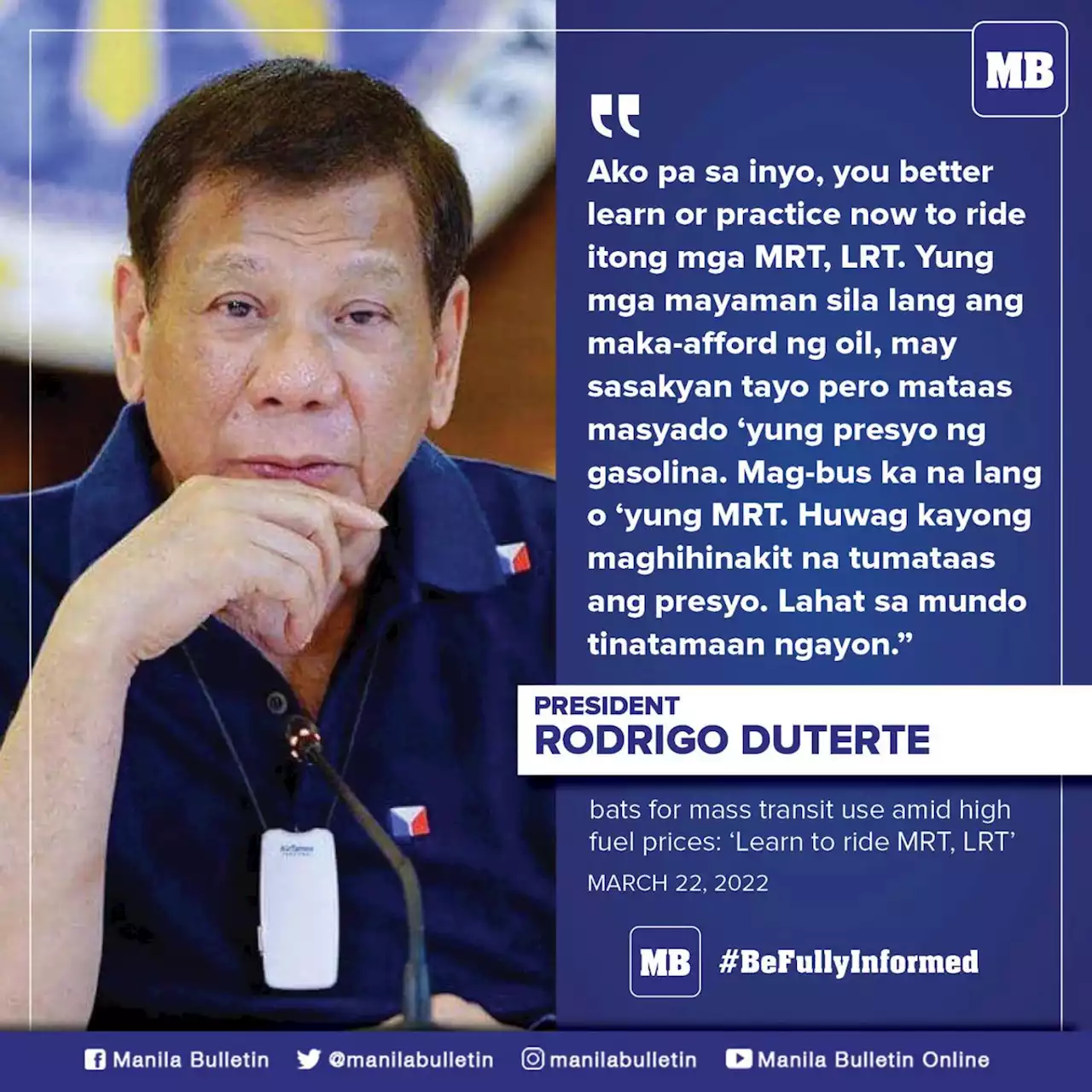 Duterte bats for mass transit use amid high fuel prices: 'Learn to ride MRT, LRT'