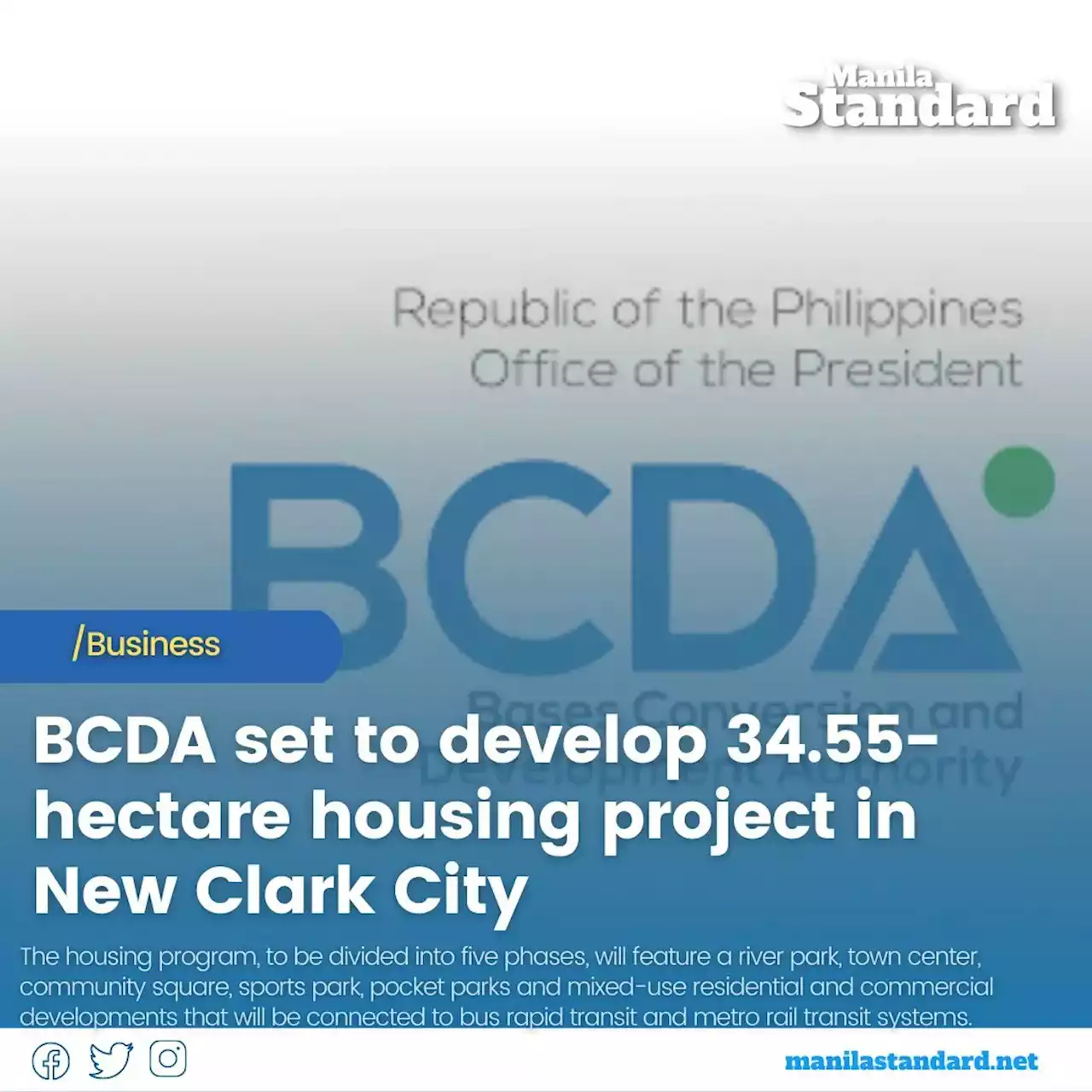 BCDA set to develop 34.55-hectare housing project in New Clark City