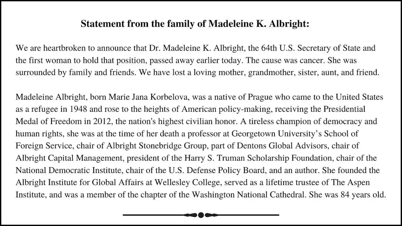 Former US Secretary of State Madeleine Albright dies at 84