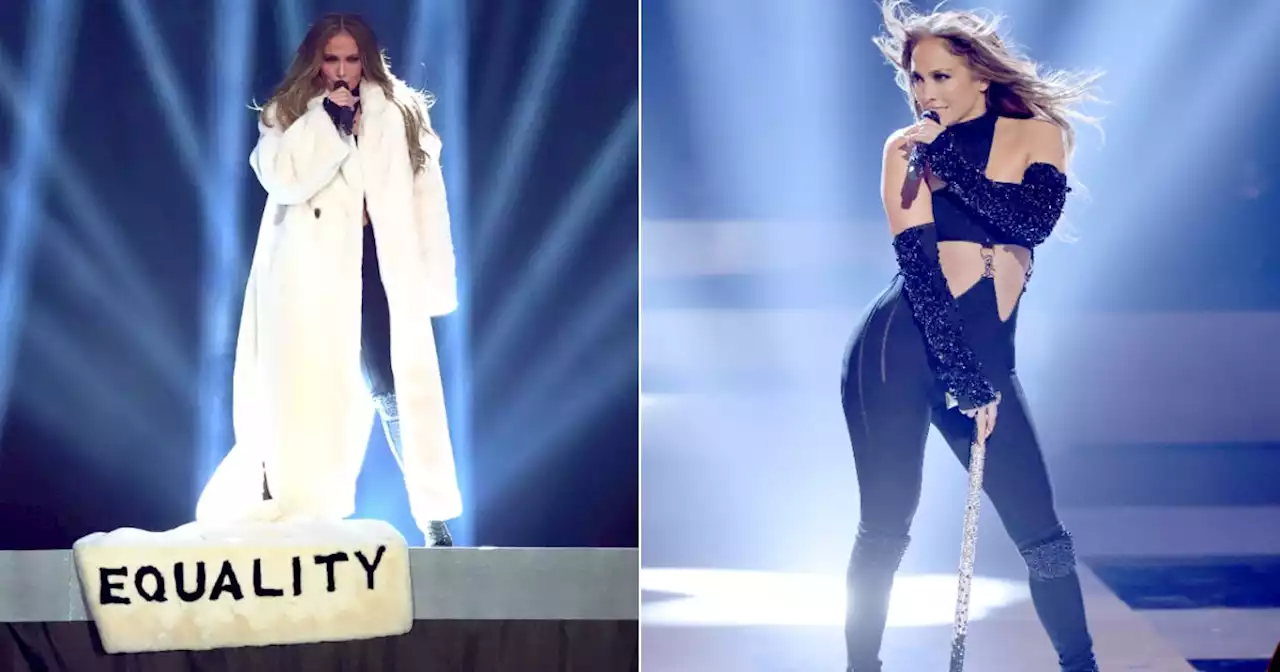 Jennifer Lopez Performs in a 3-Piece Catsuit Attached by Metal Chains