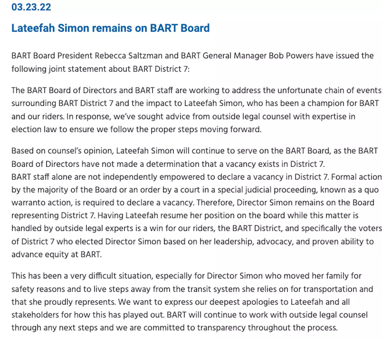 Lateefah Simon remains on BART Board | bart.gov