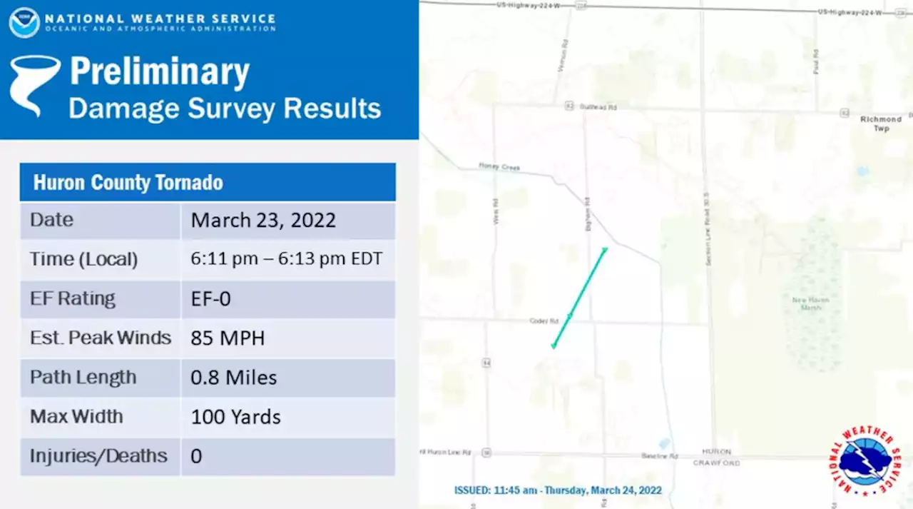 Confirmed EF-0 tornado Wednesday in Huron County