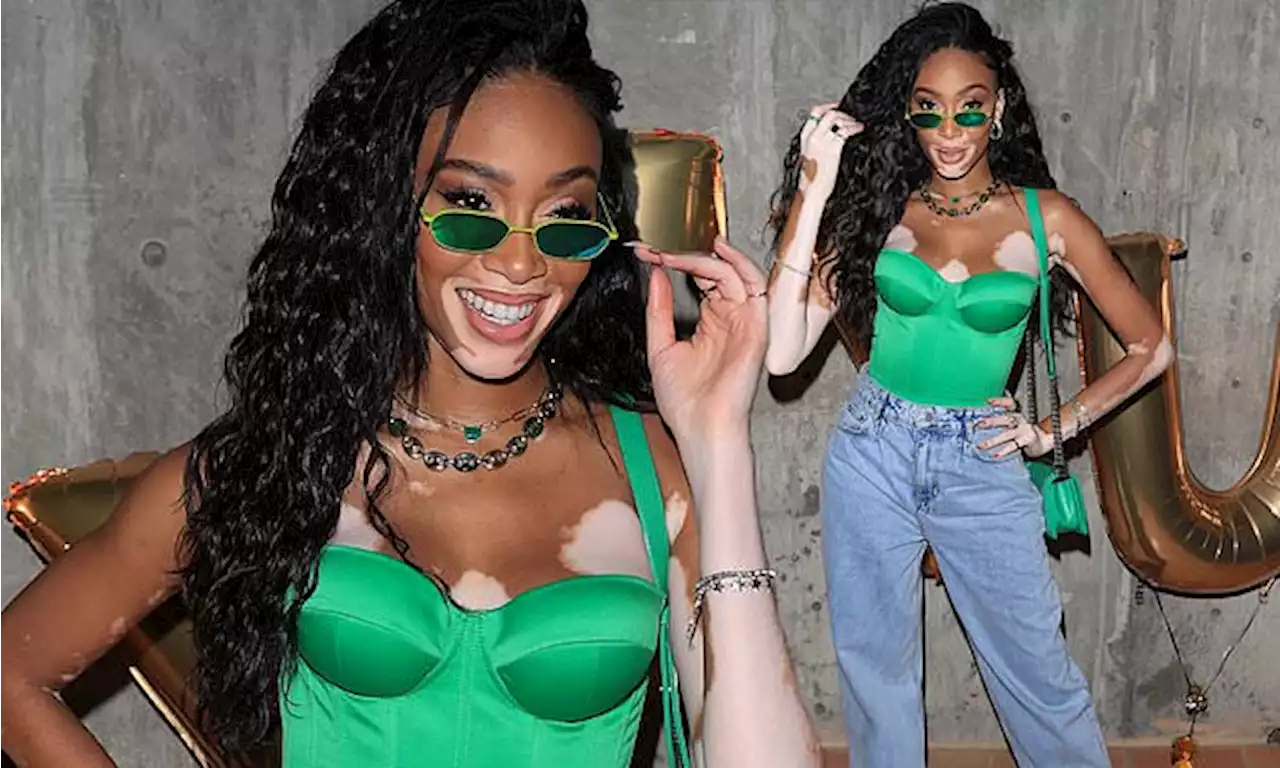 Winnie Harlow showcases her impeccable style in a green strapless top