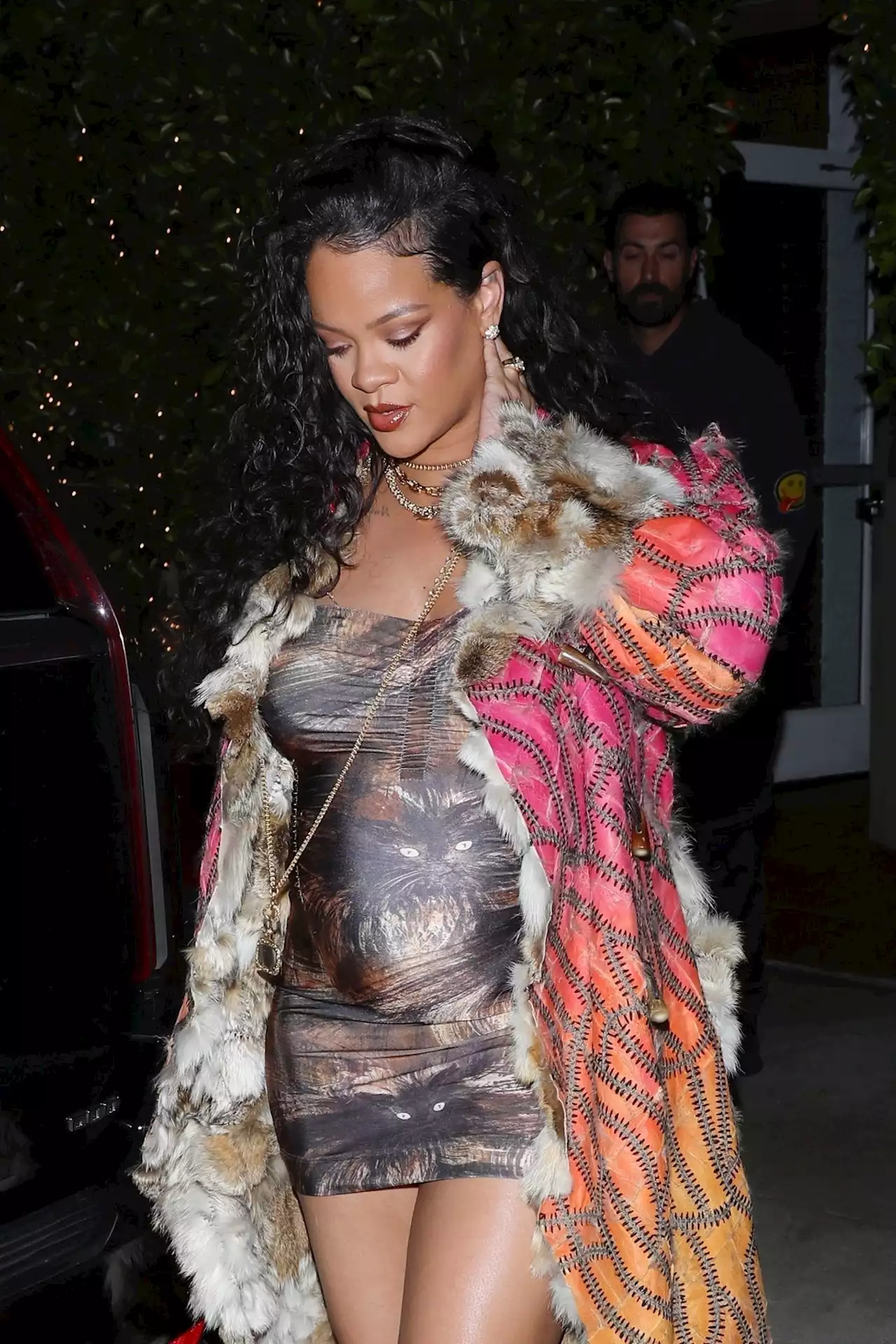 Rihanna Paired A Cat-Print Mini Dress With A Vintage Dior Coat