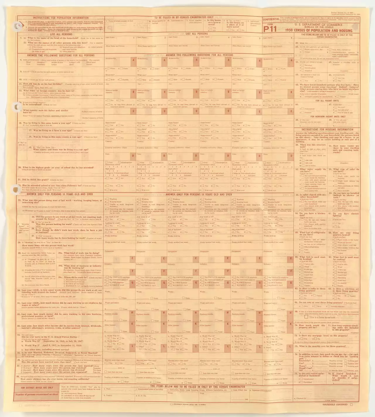 What 38 questions were asked on 1950 census?