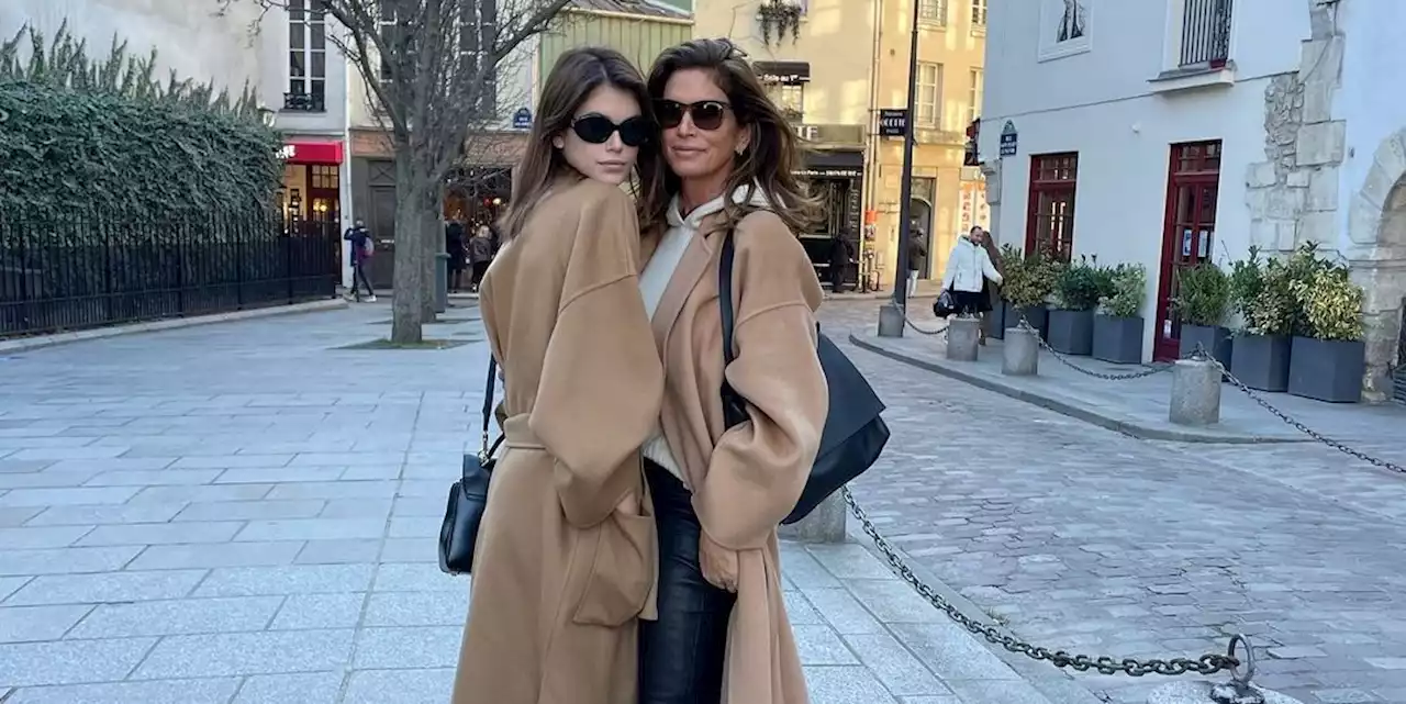 Cindy Crawford and Kaia Gerber Twin in Camel Coats in Paris