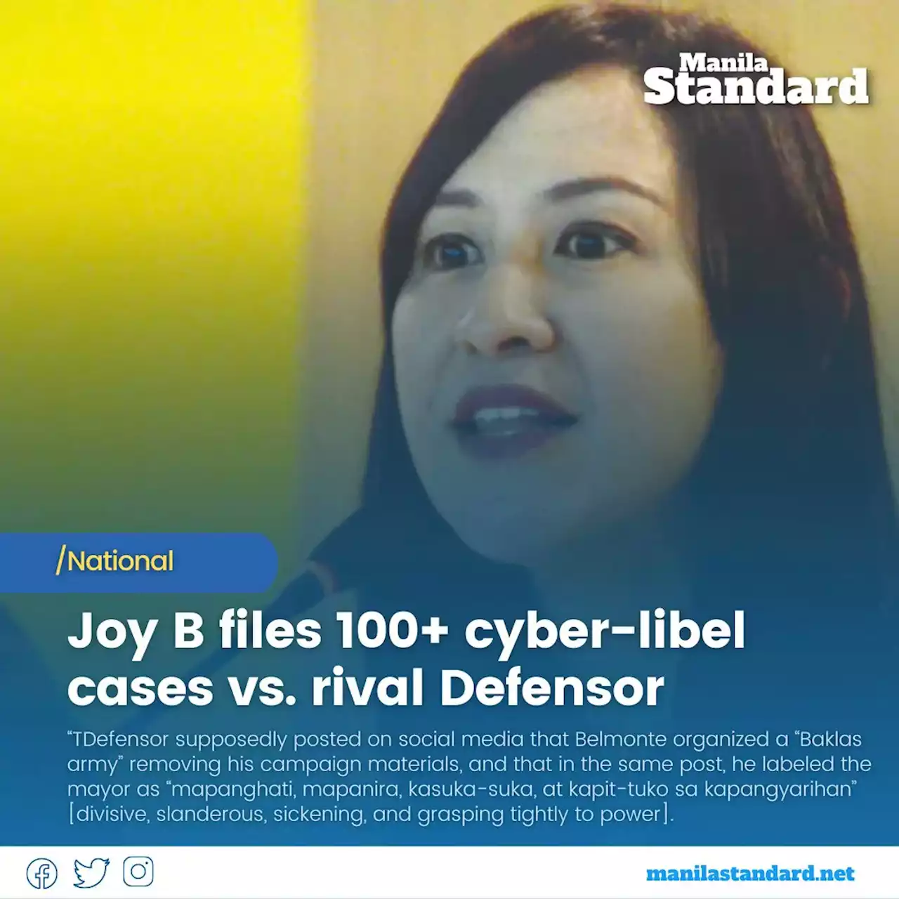 Joy B files 100+ cyber-libel cases vs. rival Defensor