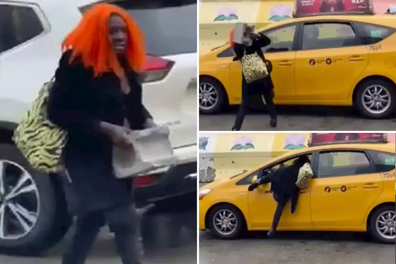 Thief with bright orange wig launches cinder block through cab window: video