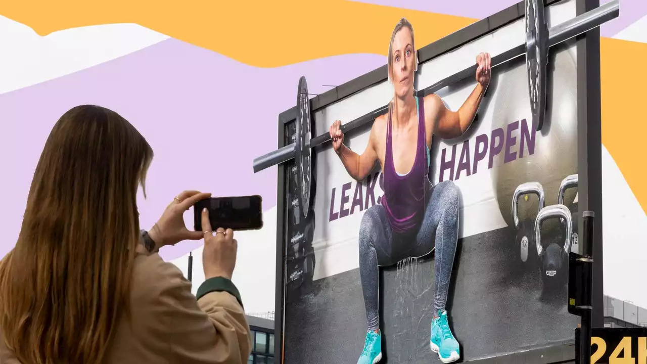 This billboard shows a woman peeing to raise awareness of incontinence, and encourage more young people to get help