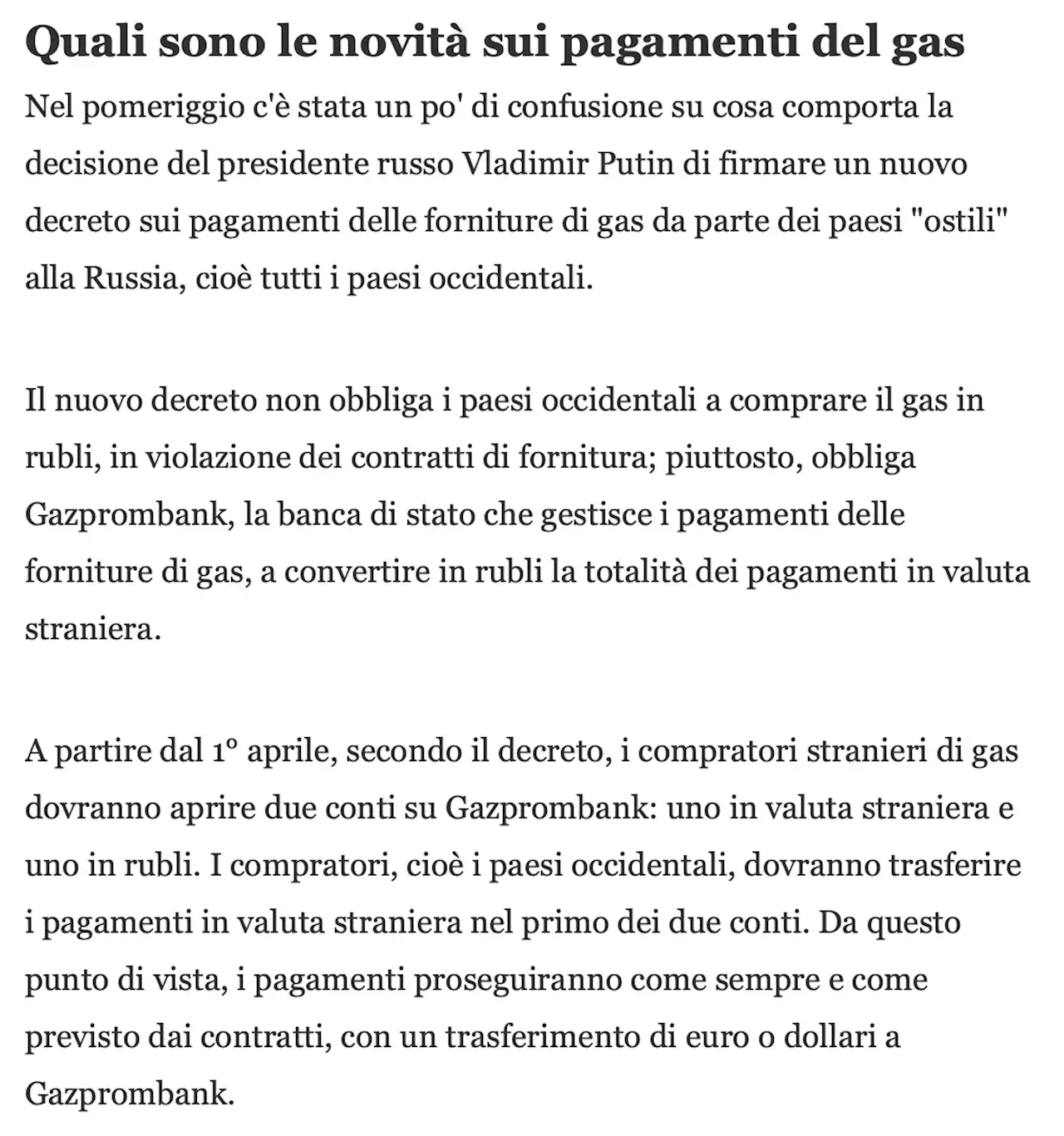 Si continua a discutere del pagamento del gas russo - Il Post