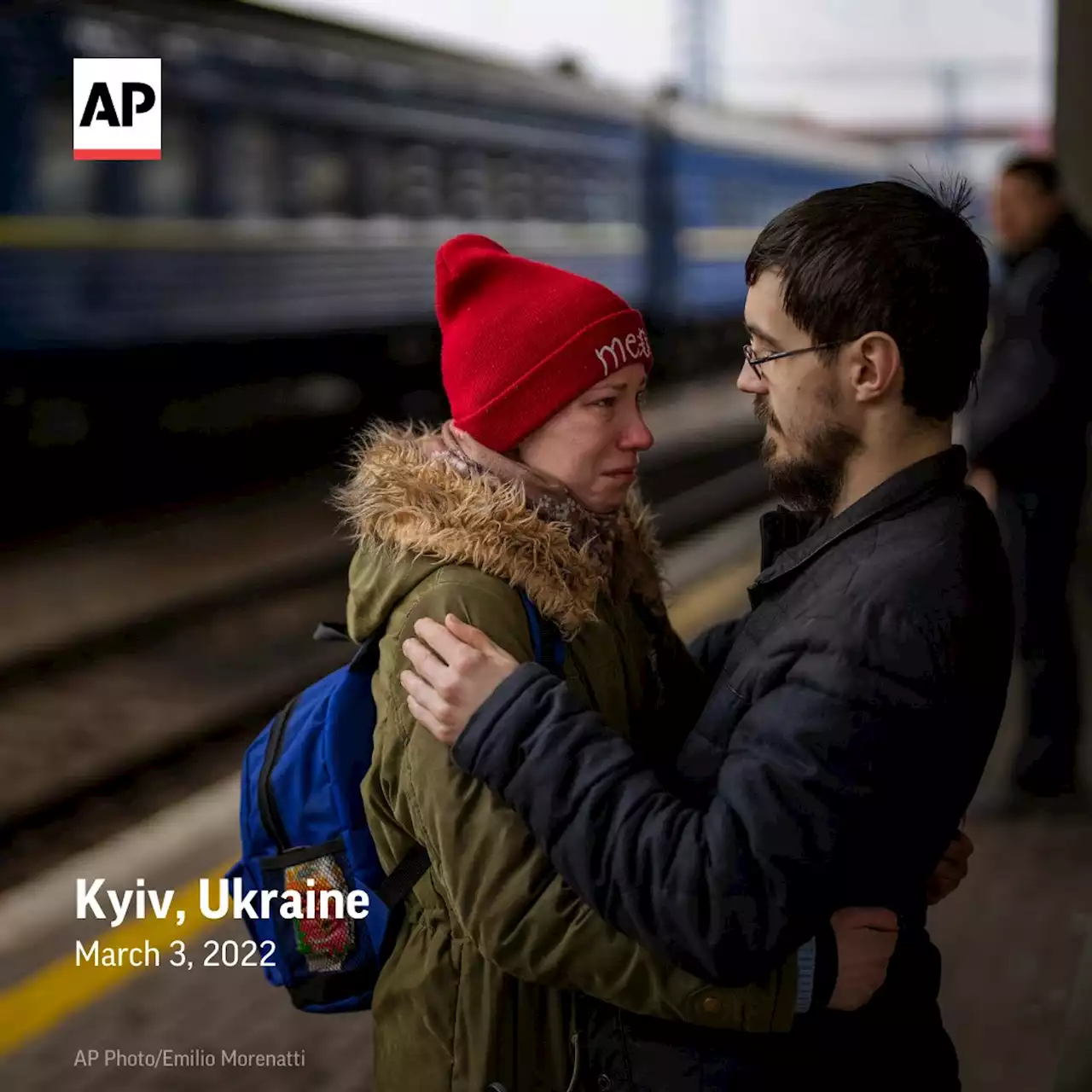 Tearful goodbyes at Kyiv train station during war in Ukraine