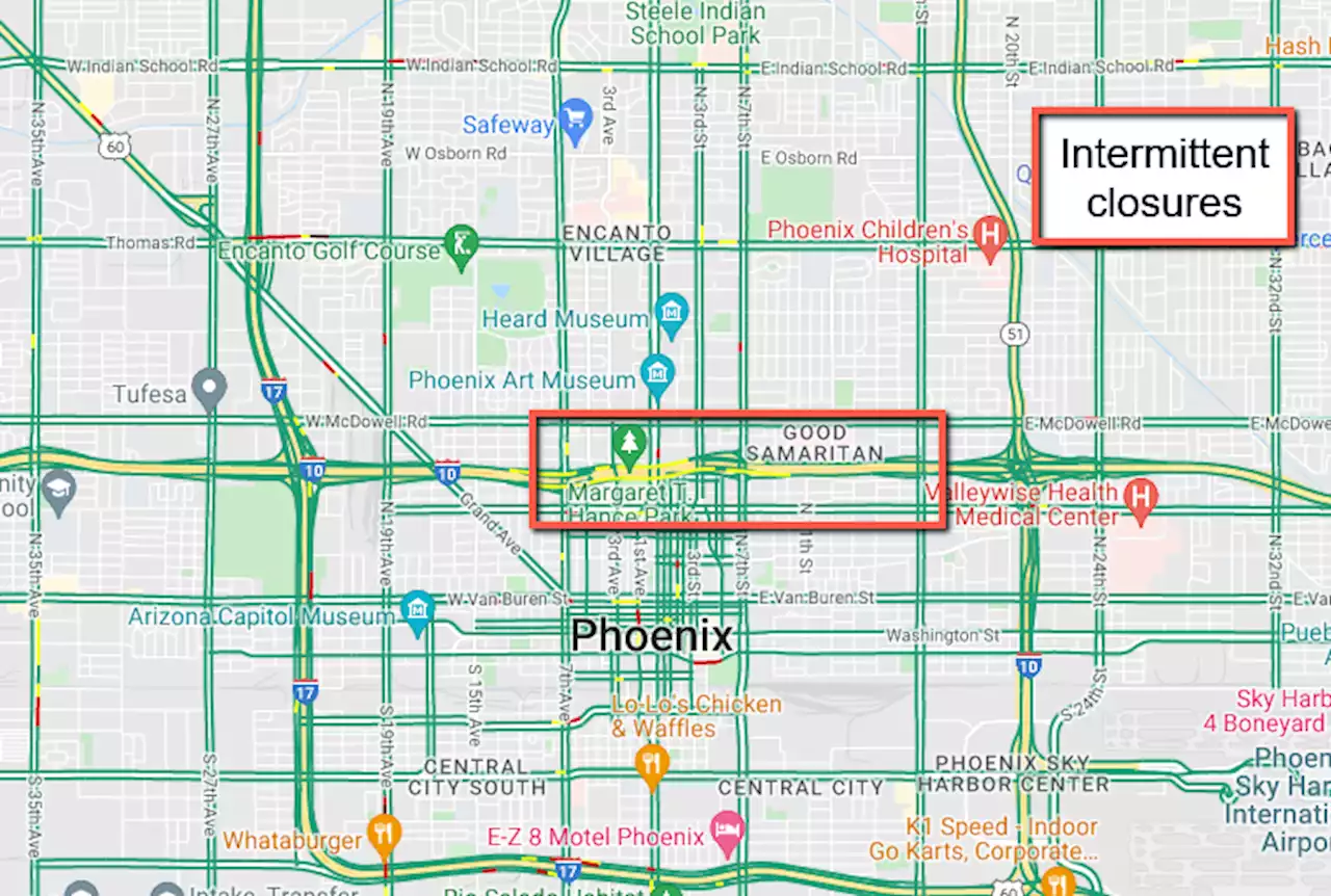 Intermittent closures along Interstate 10 between Seventh Avenue and 16th Street scheduled for March 6