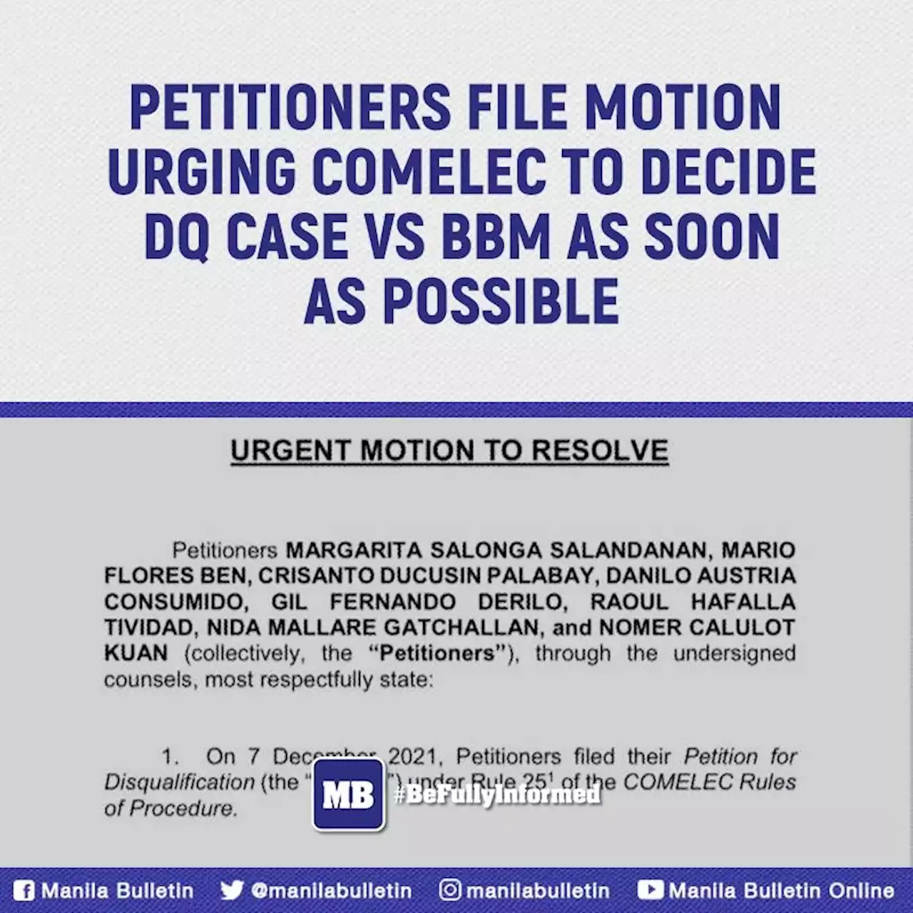 Petitioners file motion urging Comelec to decide DQ case vs BBM as soon as possible