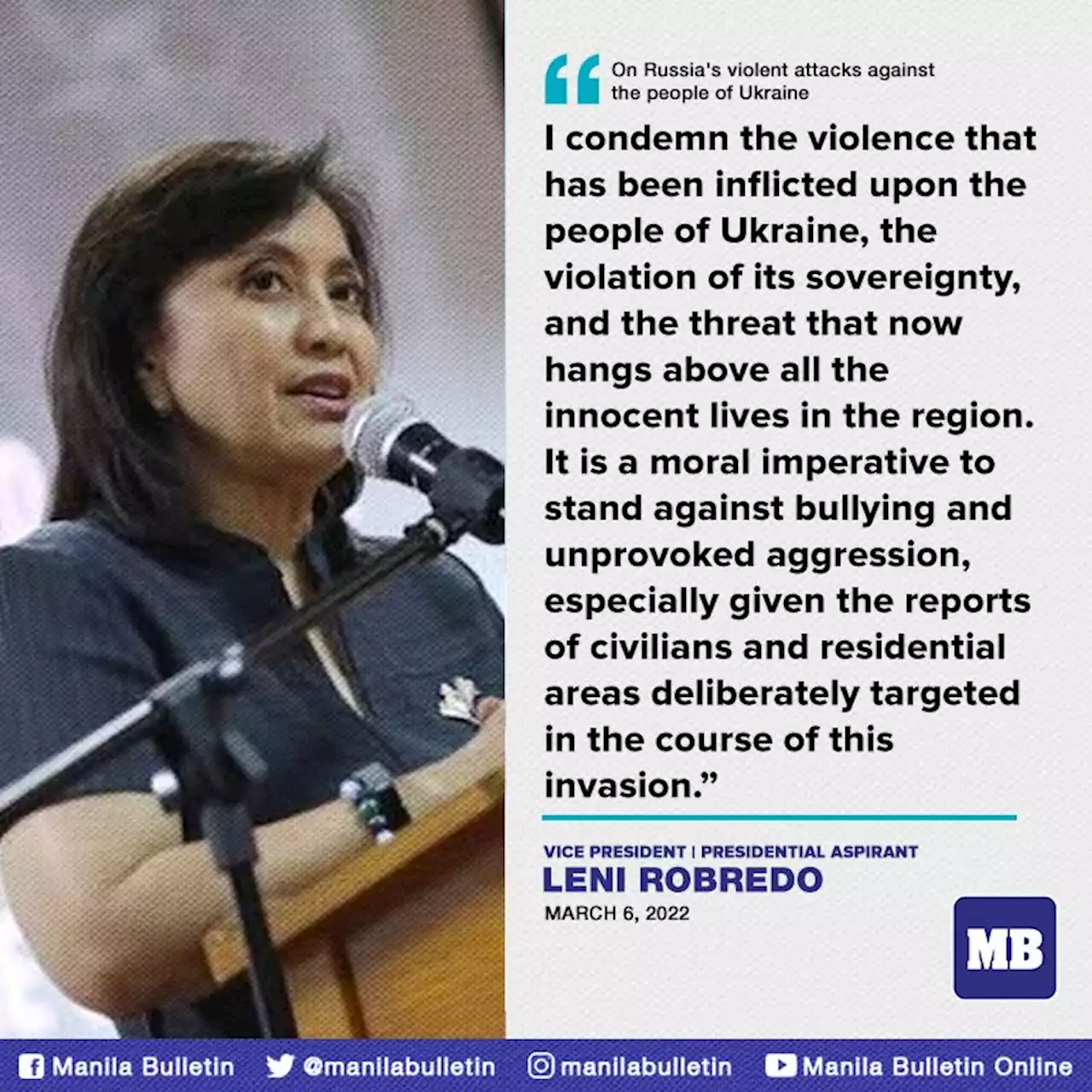 Robredo backs PH stance condemning Ukraine invasion: “We’ve to stand against bullying”