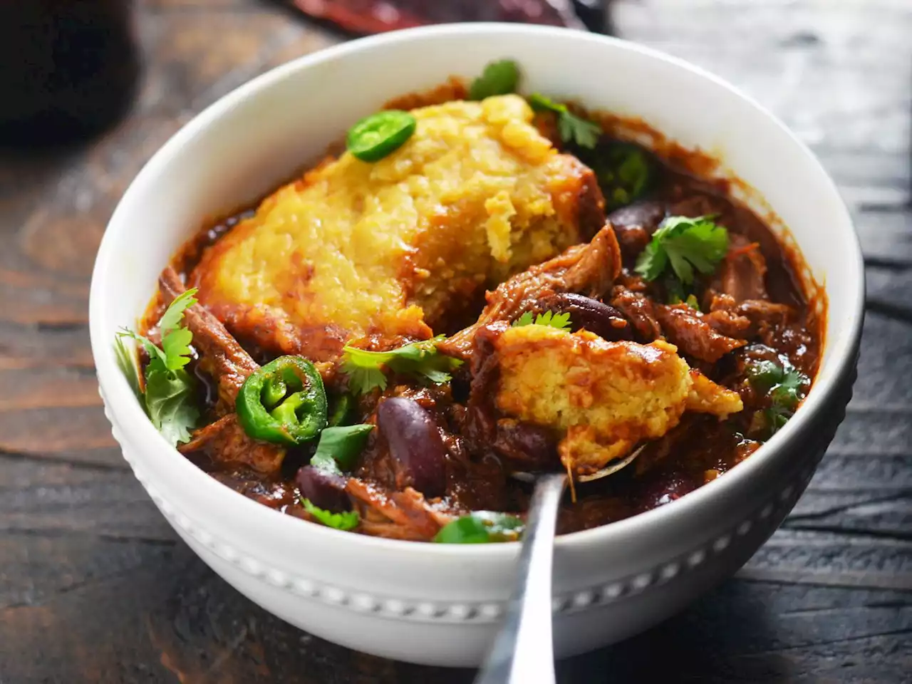 Slow-Cooker Pulled-Pork Chili With Cornbread Dumplings Recipe