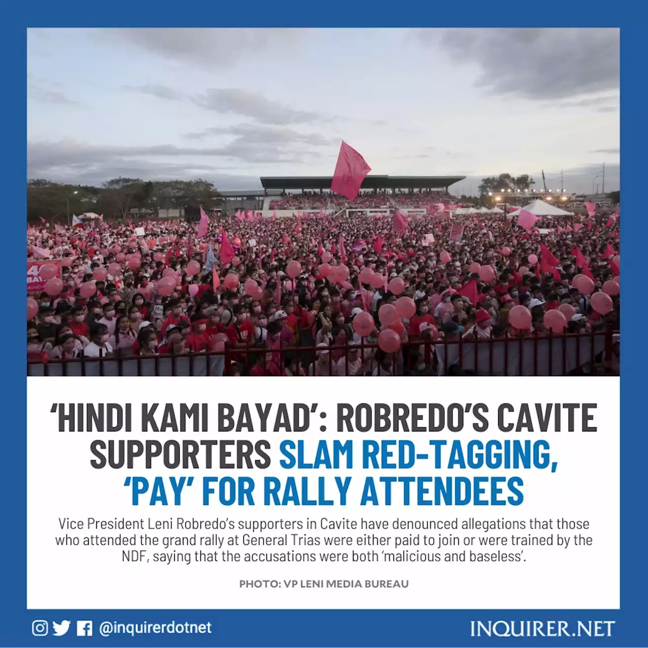 ‘Hindi kami bayad’: Robredo’s Cavite supporters slam red-tagging, ‘pay’ for rally attendees